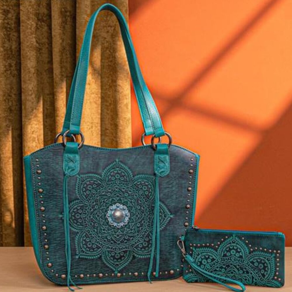 VEGAN LEATHER Turquoise Blue Mandala Tooled Bohemian Purse & Wallet Set - Picture 3 of 7